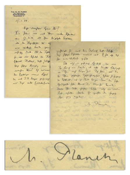 Max Planck Autograph Letter Signed, Musing on the First Law of Thermodynamics -- ...Mayer had burst into his room exclaiming...that water could be warmed by means of vigorous shaking...